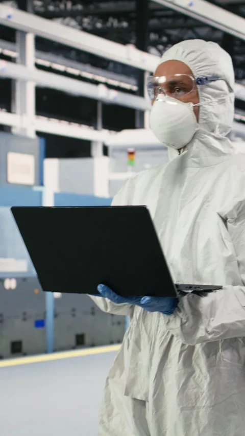 Vertical video Testing silicon wafer batches, laptop software and specialist Stock Footage 333615436
