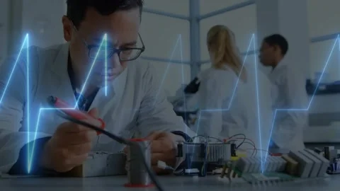 Vertical video: Testing tech in lab coat using red probe on board at bench, ECG Stock Footage 330508991