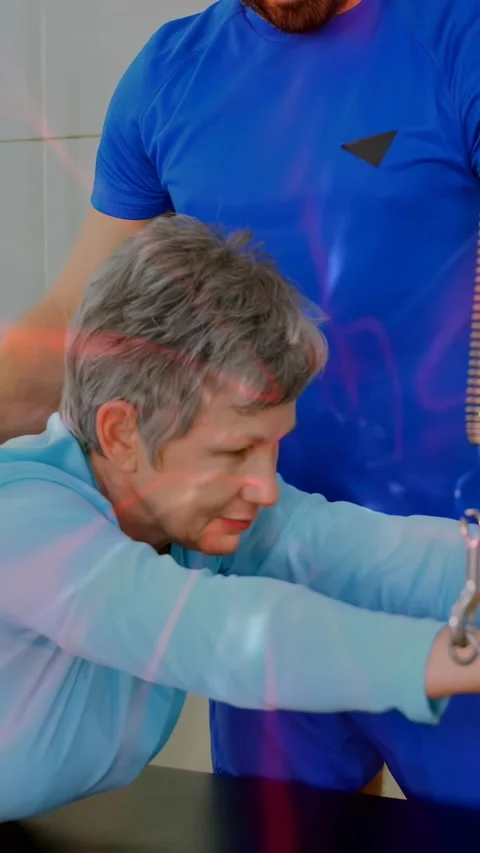 Vertical video: Therapist adjusting back, senior woman gripping spring-handle on Vidéo 332506853