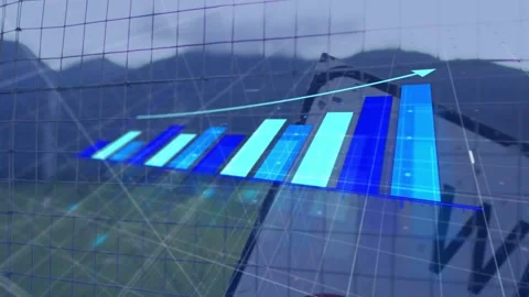 Vertical video: Thin blue line showing 3D bar chart rising over sign, arrow 스톡 동영상 334116992