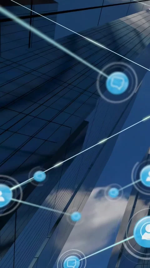 Vertical video: Thin light sweeping glass tower, sparking blue user nodes Stock Footage 334398019