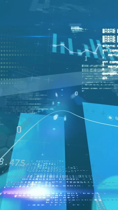 Vertical video: Three cyan bars updating finance HUD after flare, emitting Stock Footage 334547282
