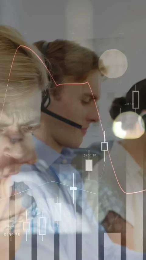 Vertical video: Three headset agents handling calls for trading, market data Stock Footage 334398027