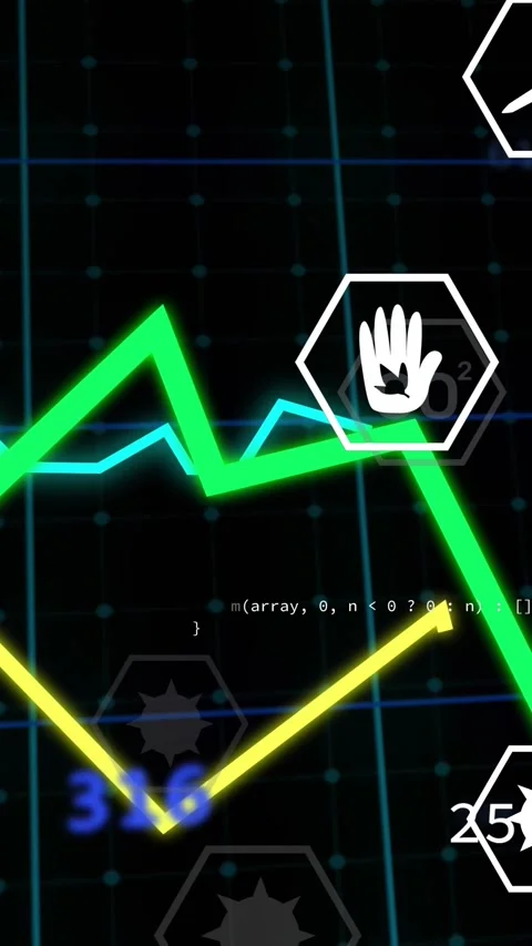 Vertical video: Three neon lines rising from left, crossing, icons marking 스톡 동영상 329612961