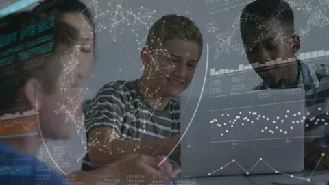 Vertical video: Three students gathering around laptop for study, typing as data Stock Footage 330540867