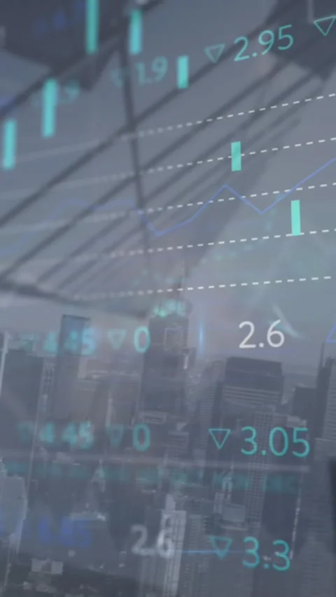 Vertical video: On tick sheer overlay moving over city, teal bars updating to Vidéo 343867355