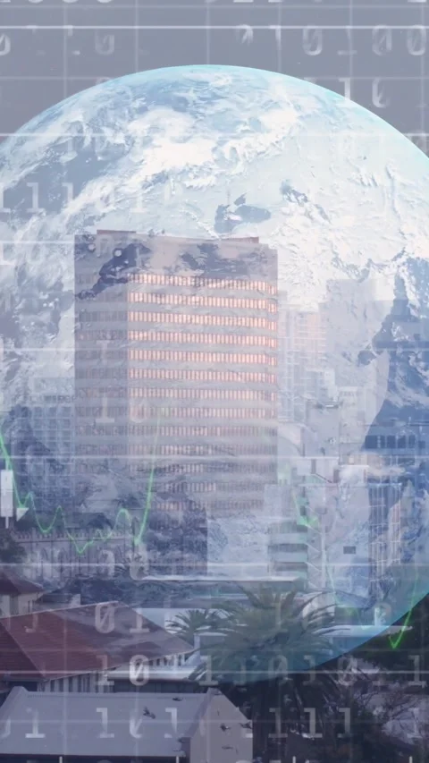 Vertical video: Tick starting globe, tower animating charts and binary scrolls, Stock Footage 328398227