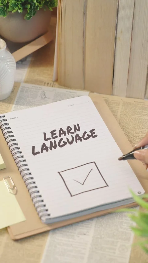 VERTICAL VIDEO OF TICKING OFF LEARN LANGUAGE FROM CHECKLIST Stock Footage 308086061