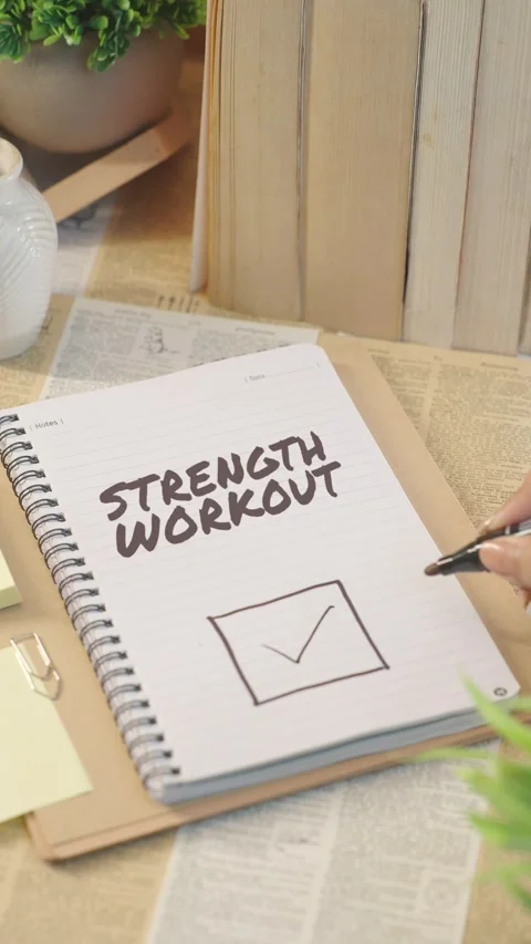 VERTICAL VIDEO OF TICKING OFF STRENGTH WORKOUT FROM CHECKLIST Stock Footage 308087019