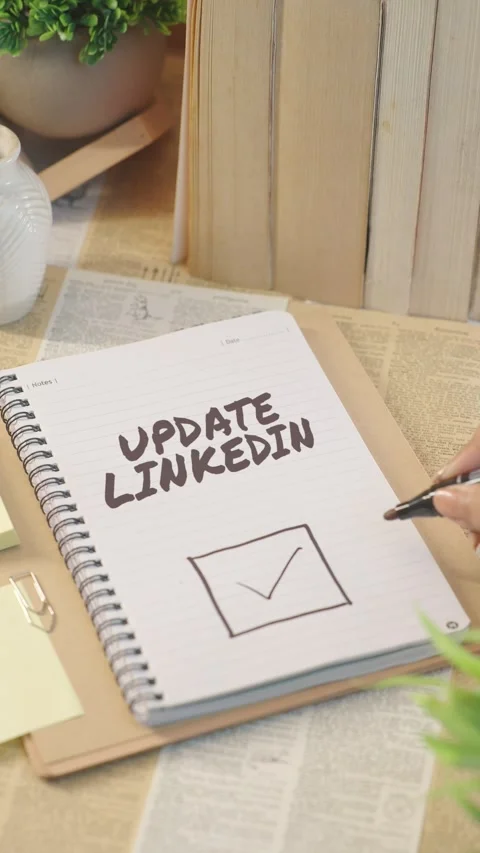 VERTICAL VIDEO OF TICKING OFF UPDATE LINKEDIN FROM CHECKLIST Stock Footage 308086543