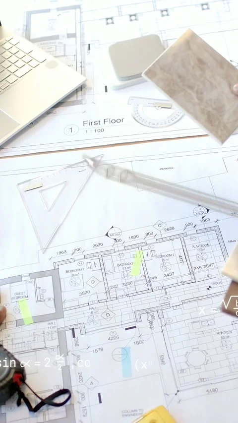 Vertical video: Tile sample entering right, design team testing over 1st Floor Video stock 333181859