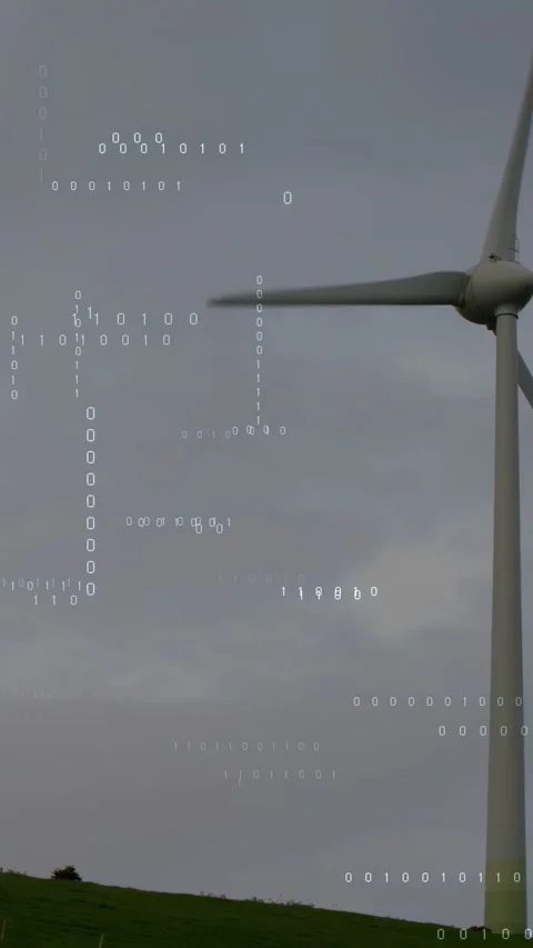 Vertical video: Tilt up causing turbine moving in blades turning binary overlay Stock Footage 335513161