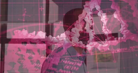 Vertical video: Tilting man in blue shirt shifting gaze near grid window, pink Stock Footage 334039416
