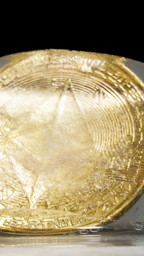 Vertical video. Time-Lapse of an Ethereum Coin Melting Out of an Ice Cube on a Stock Footage 304307603