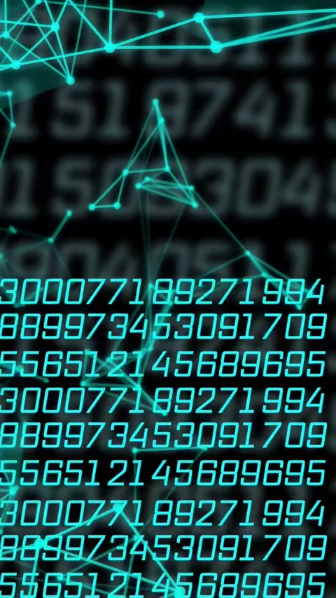 Vertical video: Timeline advancing, teal digits and node mesh forming, weaving, Stock Footage 334378361