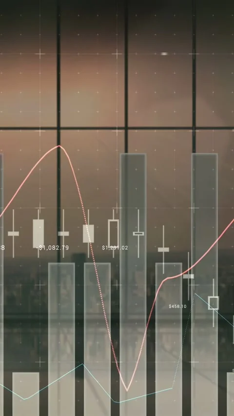 Vertical video: Timeline playing, finance chart updating bars, candles, red Stock Footage 333577652