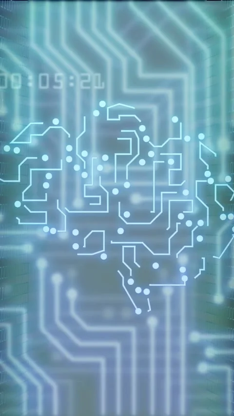 Vertical video: Timestamp ticking, cyan circuit tracing brain shape, nodes Stock Footage 334378343