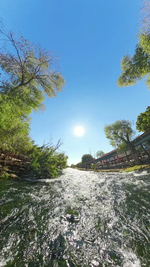 Vertical video. A Tiny Planet effect shows a circular view of a river flowing 스톡 동영상 289794780