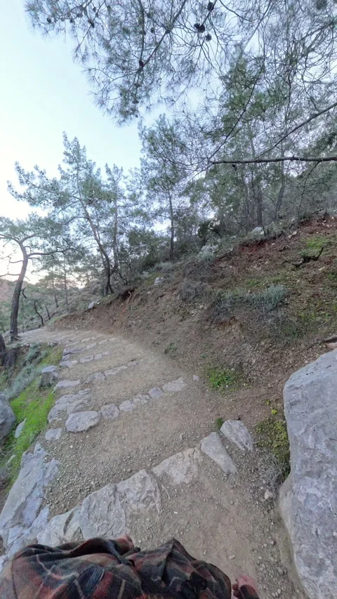 Vertical video. Tiny Planet Effect of a Hiker Walking Up a Stone Staircase on a Vídeos de archivo 304237463