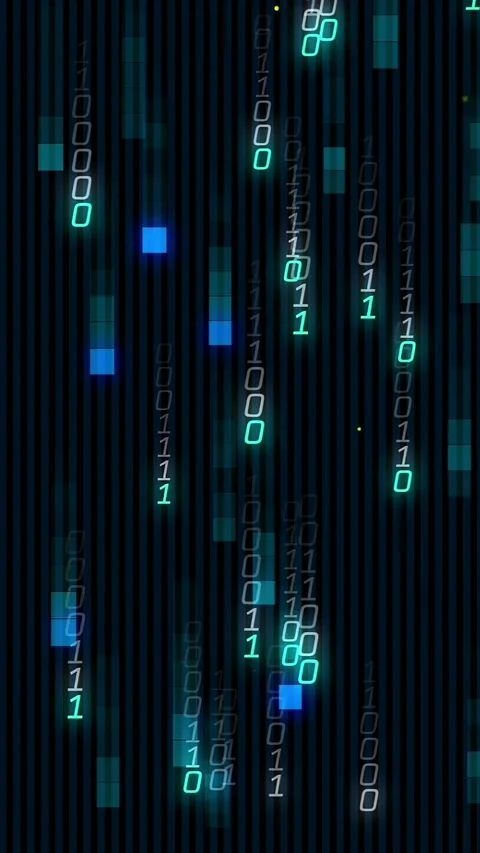 Vertical video: Tiny streak starting cascading binary stream and blue blocks, Video stock 328331834