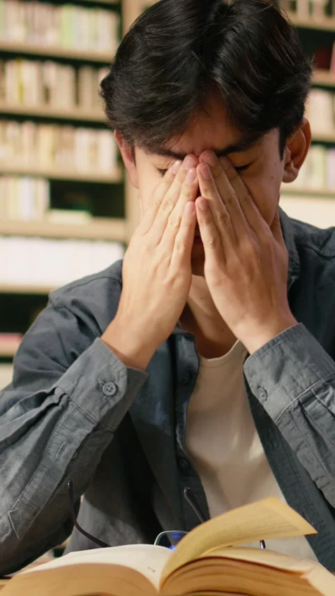 Vertical Video Tired asian student leaning over open book between tall stacks in Stock Footage 336379632