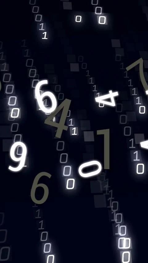 Vertical video: Top binary glow sparking cascade, digits falling and rotating, Vídeos de archivo 330195811