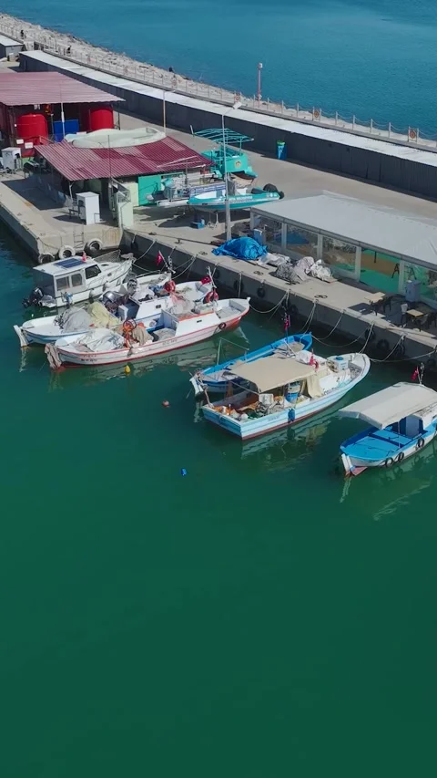 Vertical Video Top Down Harbor with Boats and Coastal City Elements Stock Footage 341738275