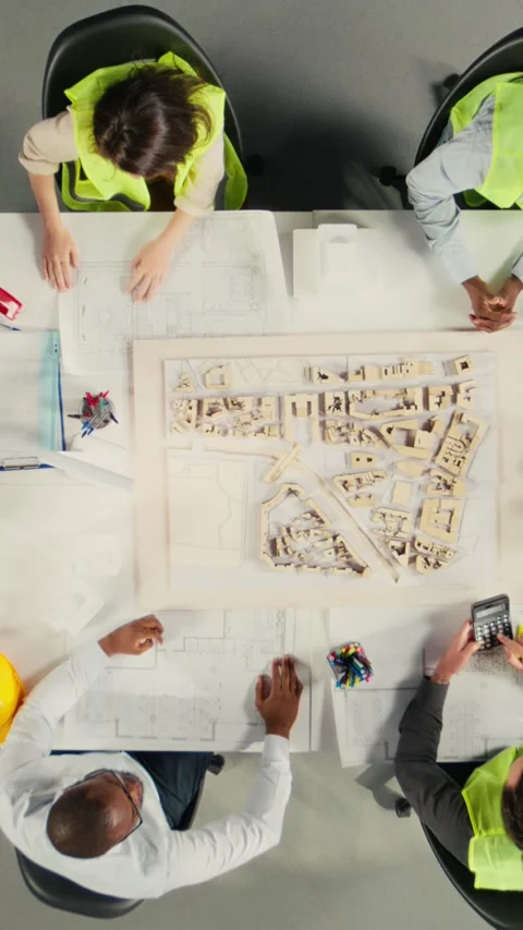 Vertical Video Top down view zoom in of real estate developers and architects in Stock Footage 319803724