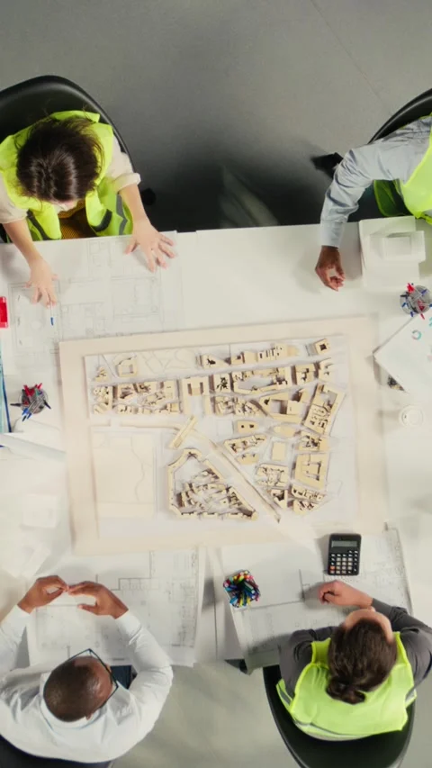 Vertical Video Top down view zoom in of architects working on real estate Stock Footage 319803980