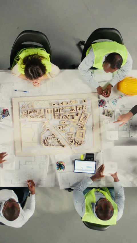 Vertical Video Top down view of development team consulting on real estate Stock Footage 321780799