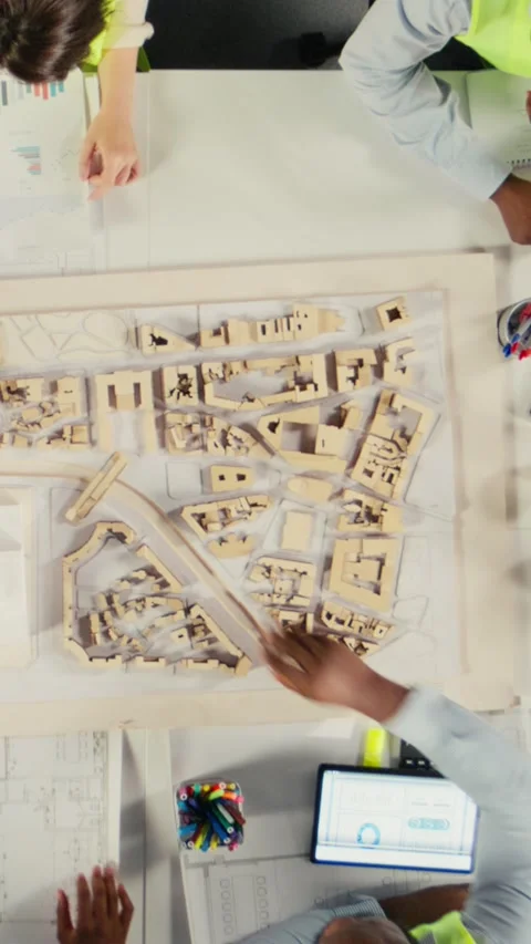 Vertical Video Top down view zoom out of developers and architects in business Stock Footage 321782198