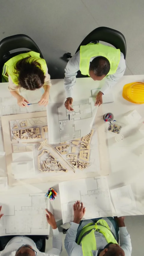 Vertical Video Top down view zoom in of colleagues in architecture working Stock Footage 321782379