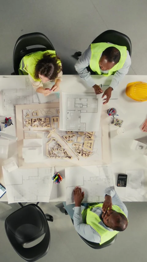 Vertical Video Top down view zoom out of property developers and architects in Stock Footage 321782891