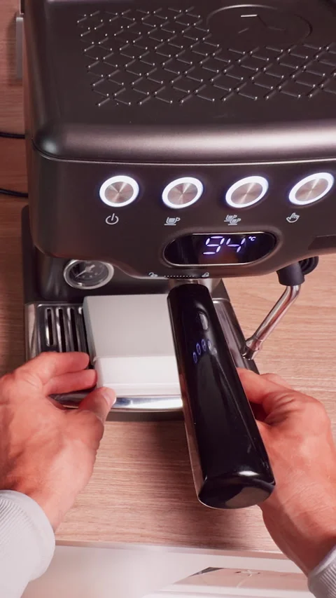 Vertical video. Top Down View of Barista Placing Digital Scale and Glass Measuri Stock Footage 328848897