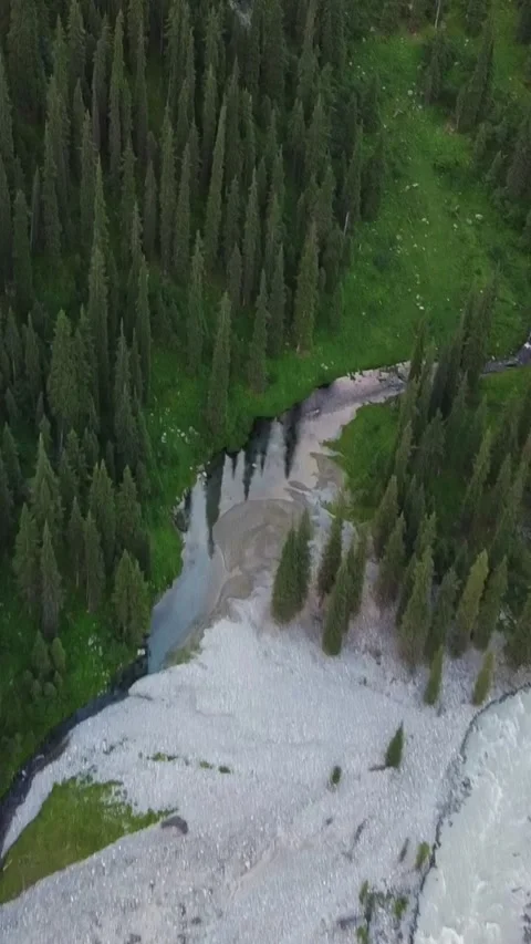 Vertical video: Top Down View of Two Merging Mountain Rivers Aerial Video stock 332205268