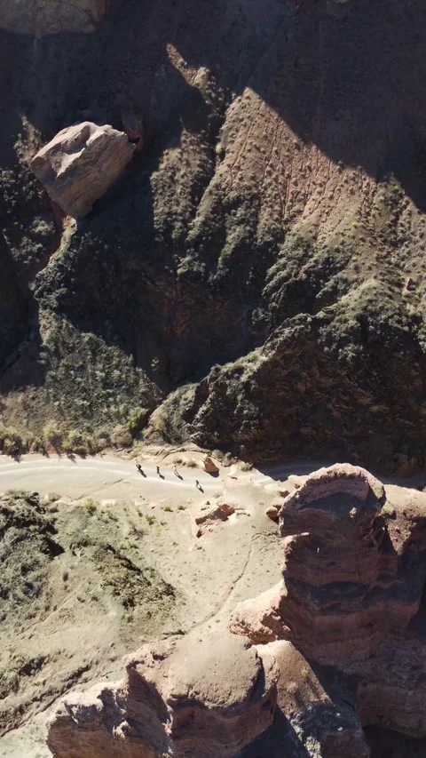 Vertical video: Top down view of hikers inside Martian Charyn Canyon, Kazakhstan Stock Footage 336692097