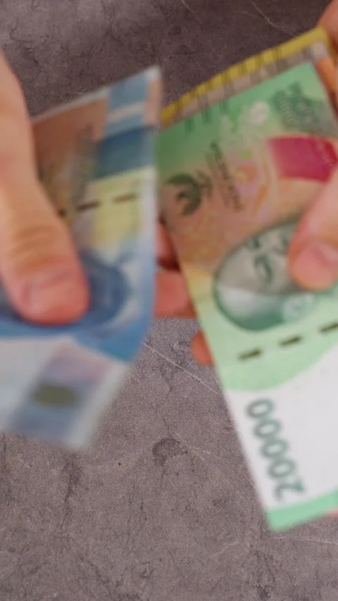 Vertical video. Top Down View of Person Comparing Indonesian Rupiah and Thai Bah Stock Footage 339202458