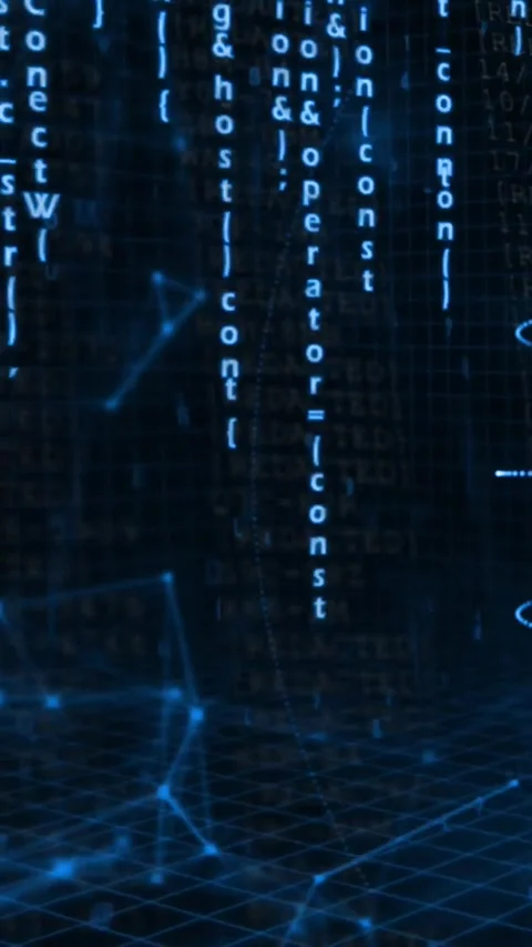Vertical video: Top-left code lines starting, glyph field drifting, clustering, Stock Footage 329552530