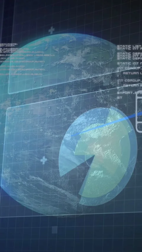 Vertical video: Top node sending beams, hologram rotating pie, icons linking, Stock Footage 333542172