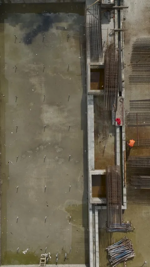 Vertical Video Top View Building Foundation with Steel Grid Structure Video stock 342436715