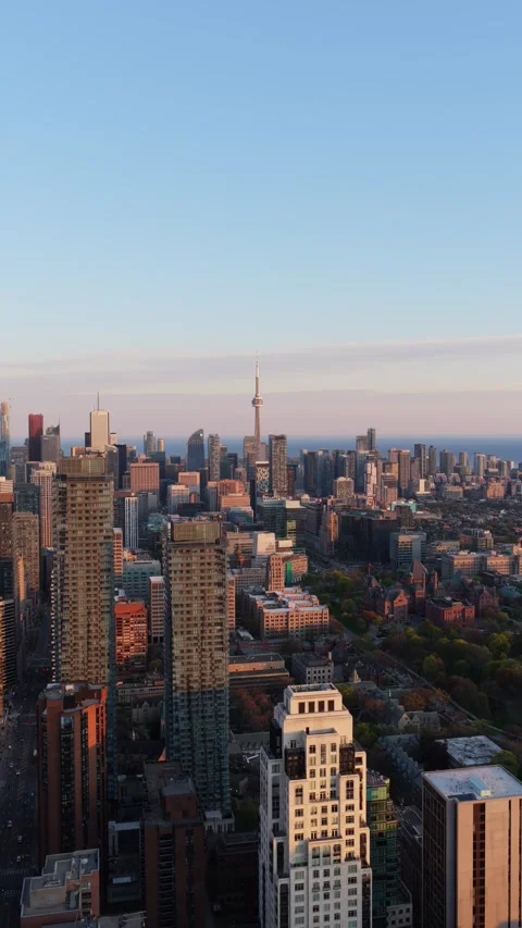 Vertical video of Toronto cityscape with CN Tower during golden hour, downtown o Stock Footage 335225823