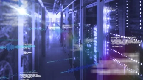 Vertical video: Tracking racks pulsing LEDs in data center aisle, flare causing Stock Footage 331820498