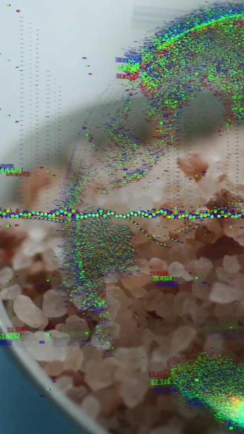 Vertical video: Tracking seam appearing, point cloud sweeping across pink salt, Stock Footage 328398445