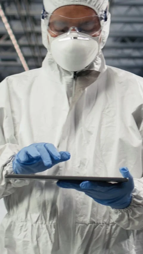 Vertical video Tracking semiconductor fabrication lots, tablet and worker in Stock Footage 333614817