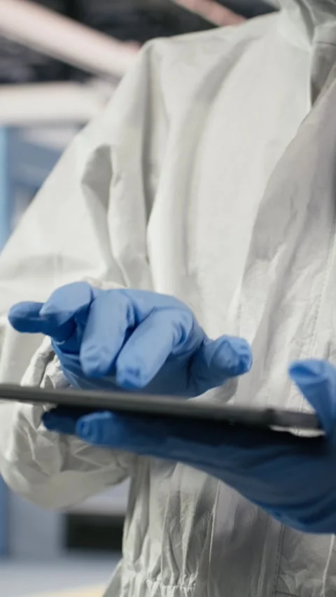 Vertical video Tracking semiconductor fabrication lots, tablet and worker in Video stock 333615206