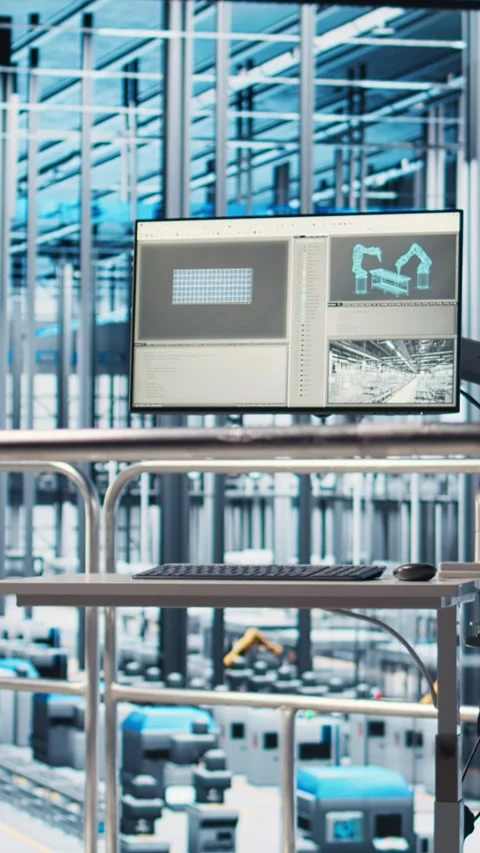 Vertical video Tracking software displayed on monitor in industry 4.0 industrial Stock Footage 306046976