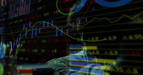 Vertical video: Trader rubbing head leaning slumping as market candles and Stock Footage 331161233