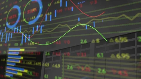 Vertical video: Trading wall reacting to live tickers, candles rising, falling, Stock Footage 331197889