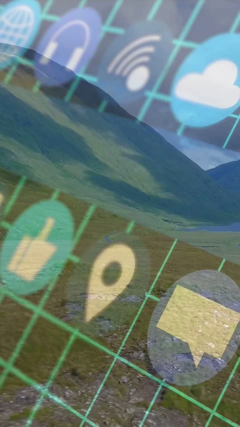 Vertical video: Translucent app grid sliding over valley while device tilting Stock Footage 332806755