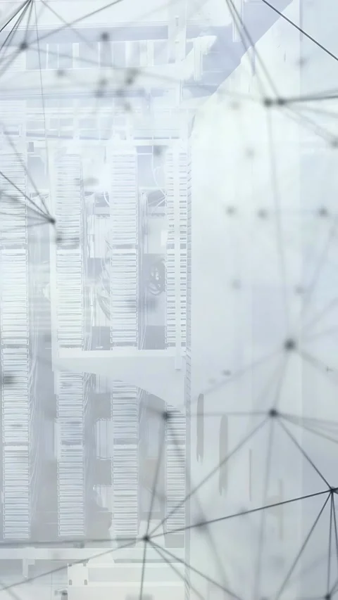 Vertical video: Translucent mesh shifting over server racks, incoming data Stock Footage 333020633